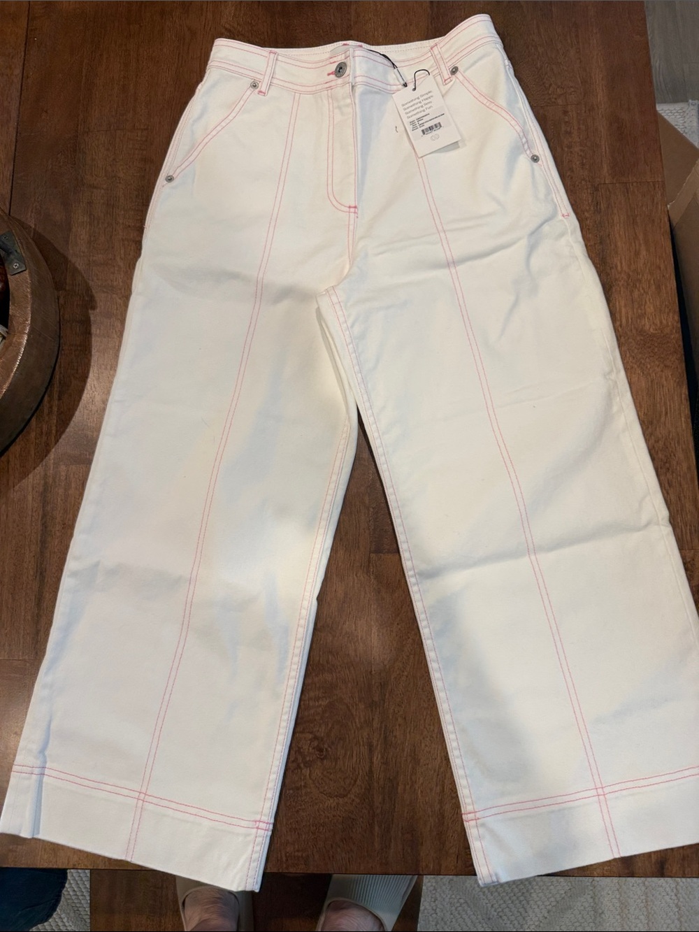 Something Navy White Wide-Leg Pants with Pink Topstitching